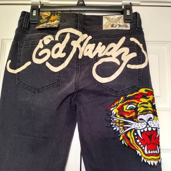 Ed Hardy Denim - Ed Hardy women’s Slim Flare Faded Black Jeans Embroidered Tiger Head Size 26
